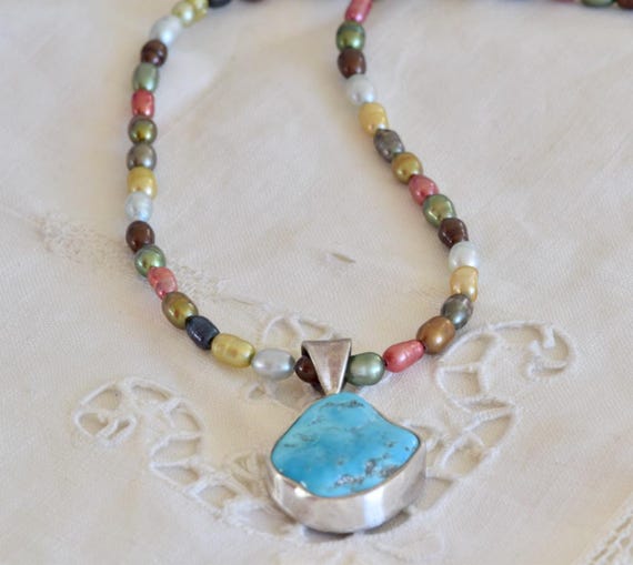 Sleeping Beauty Turquoise - Pearl Necklace - colorful necklace - eclectic necklace - boho necklace