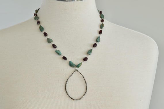 Turquoise and Garnet Sterling Silver Pendant Necklace - Teardrop necklace - tear drop - boho - southwestern - gift - cowgirl jewelry