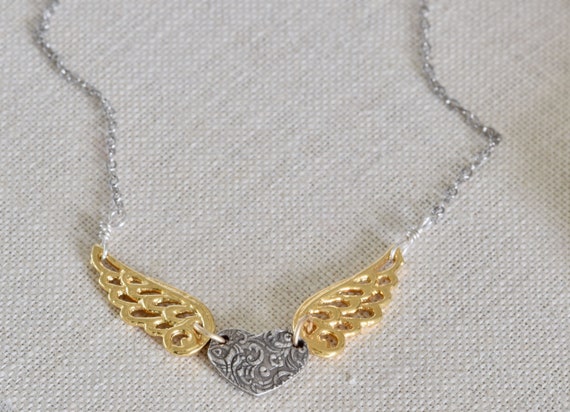 Silver and gold heart - wing heart necklace - silver and gold necklace - fingerprint necklace - handmade necklace - wing necklace