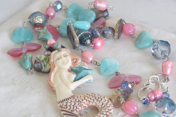 Mermaid necklace - pink and aqua - whimsical - ocean themed jewelry - beach chic - beachy gift -