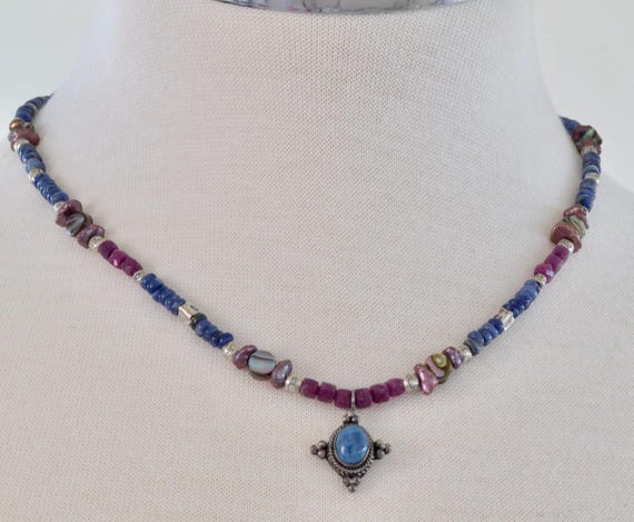 Lapis Necklace - lapis and ruby necklace - silver lapis pendant necklace - blue necklace - blue and pink