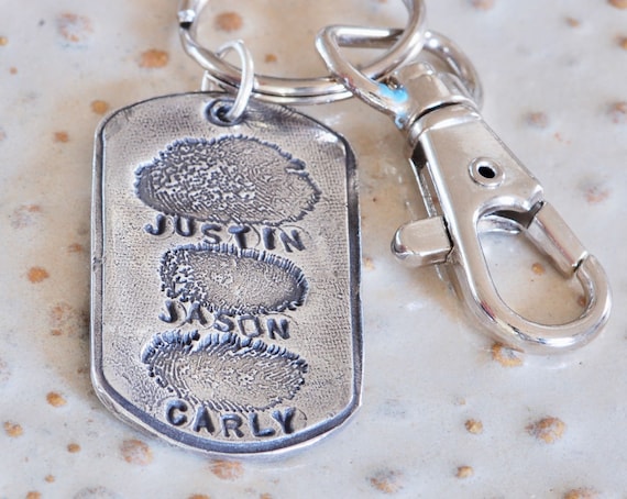 3 Fingerprints on Large Military style dog tag - Keychain - Paw print Necklace - Fingerprint jewelry - 24mm x 40mm - Family Jewelry