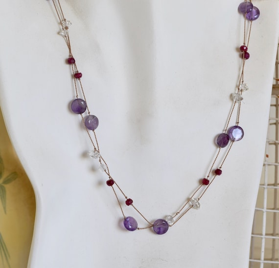 Amethyst Ruby and Herkimer Diamond Necklace - amethyst necklace - ruby necklace - Herkimer diamond - stone mixed necklace - purple necklace