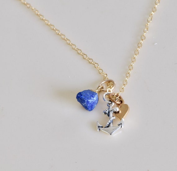 Anchor, Heart & lapis gold and silver necklace - silver anchor - gold heart - dainty necklace - tiny charms - dainty jewelry - lapis charm
