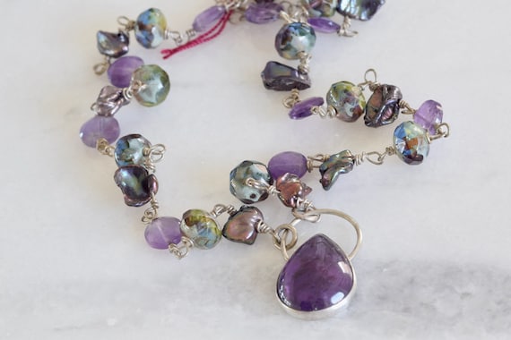 Amethyst Necklace - February Birthstone - Purple necklace - birthstone necklace gift - Amethyst pearl necklace - Dark Purple Amethyst