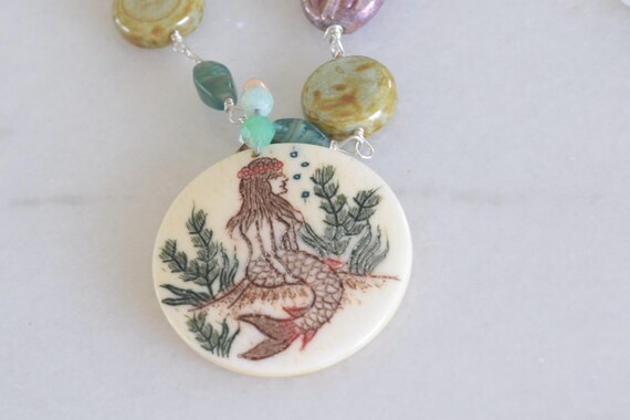 Mermaid of the Sea Pendant Necklace - Bone Mermaid Pendant - Scrimshaw mermaid pendant necklace