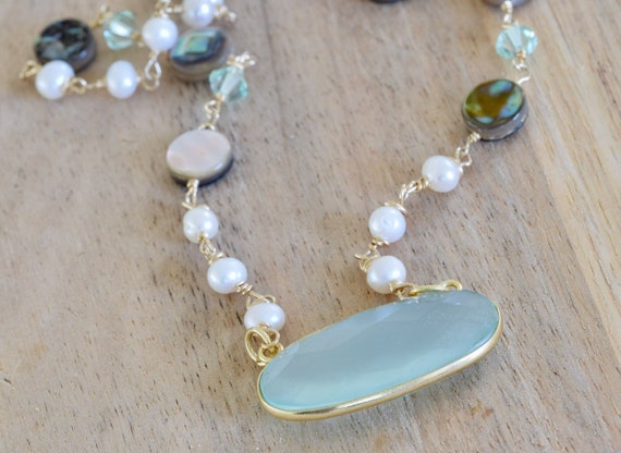Sea Green Chalcedony Necklace - Ocean color necklace - Chalcedony necklace - pearl and paua shell necklace - green and white necklace