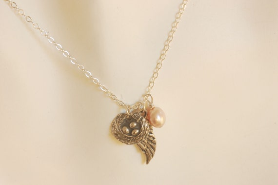 Wing, Nest, pearl necklace - fine silver charm necklace - dainty charm necklace - tiny charm necklace - graduation gift