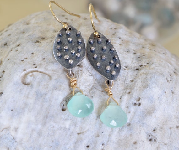 Chalcedony Earrings - mixed metal earring - dangle earring - sea green earring - dot earrings - shield earring - beachy earring