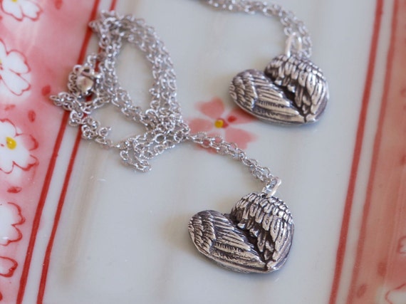 2 Angel Wing Heart Pendant Finger Print Necklaces - Mother's Day Jewelry - His and Hers - Group Necklace