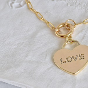 Love Necklace - gold plated love necklace - paperclip chain love necklace - gold paperclip chain - cz heart necklace - paperclip heart