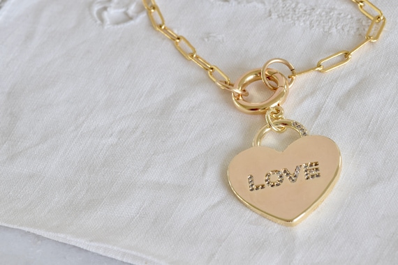 Love Necklace - gold plated love necklace - paperclip chain love necklace - gold paperclip chain - cz heart necklace - paperclip heart