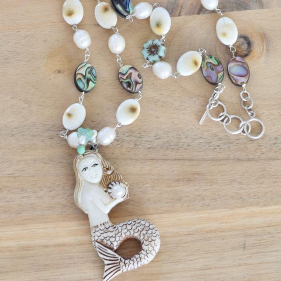 Magical Mermaid Necklace with Abalone, Pearls and shells - Abalone, Pearls, glass necklace - mermaid necklace