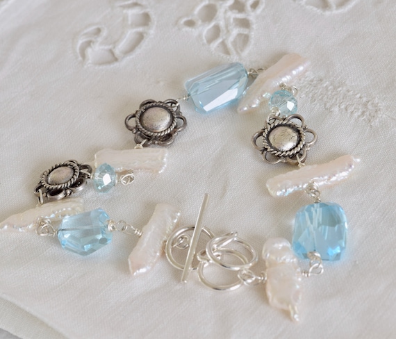 Aquamarine and White Pearl Bracelet - March Birthstone Bracelet - Aquamarine gift - white and blue stone bracelet - chunky bracelet