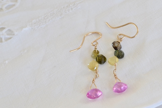 Harmony Earrings - tourmaline earrings - pink earrings - ruby earrings - gemstone earring - pink and green earrings