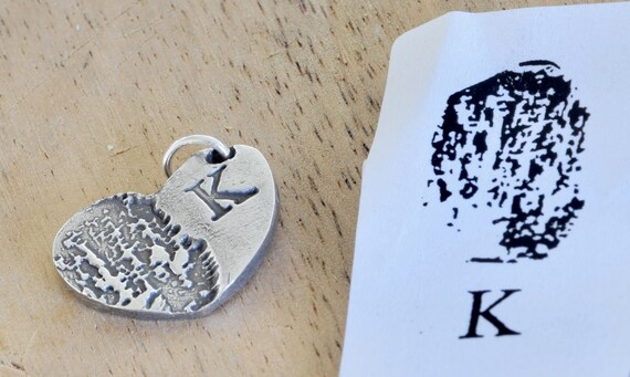 Fingerprint & Initial Heart Charm - initial charm - fingerprint charm - sterling silver heart charm- silver fingerprint charm