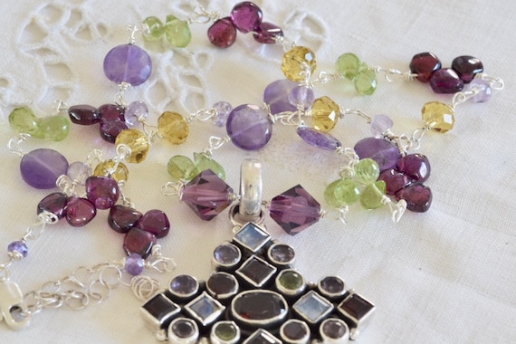 Semi Precious Stone Cross Necklace - Garnet, Citrine, Peridot, Amethyst, Moonstone Cross Necklace - Sterling Cross Necklace - stone cross