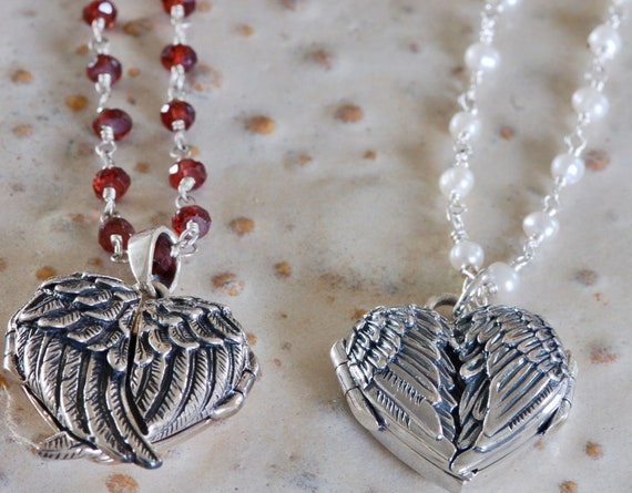 Angel Wing Locket - Valentine's Day Gift - Mother's Day Gift - Heart Locket - Fingerprint Jewelry - Overlapping Wings - sterling silver