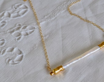 Pearl Bar Necklace - Gold filled pearl necklace - bar necklace - layering necklace - stick pearl necklace - white pearl necklace