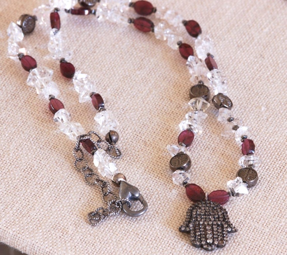 Herkimer Diamond Hamsa Necklace, Hamsa Pendant Necklace, Large Statement Necklace