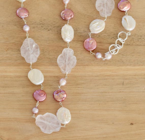 Rose Quartz & Pearl Necklace - Pink - Gift - Carved Flowers - Coin Pearl