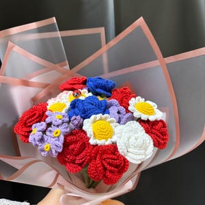 Crochet Flowers Bouquet, Tulip, Roses, Handmade Knitting Flowers, everlasting, Anniversary Gifts, Girlfriend, Birthday Gift for Mom