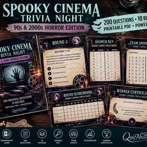 Peut inclure: Un jeu Spooky Cinema Trivia Night 90s & 2000s Horror Edition comprenant une carte de jeu principale, une carte de manche, une clé de réponse, une feuille de réponse d'équipe, un tableau de score et un certificat de gagnant.