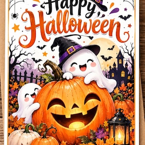 Peut inclure: Une carte de vœux rectangulaire avec le texte Happy Halloween en écriture orange. L'illustration montre deux fantômes blancs, dont l'un porte un chapeau de sorcière noir à bande violette, derrière une grande citrouille orange, entourés de petites citrouilles, de feuilles d'automne, d'une lanterne noire et d'une maison hantée.