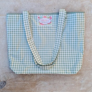 Sac cabas en PVC vert sauge fait main Toile cirée lavable entièrement doublée Vichy vert