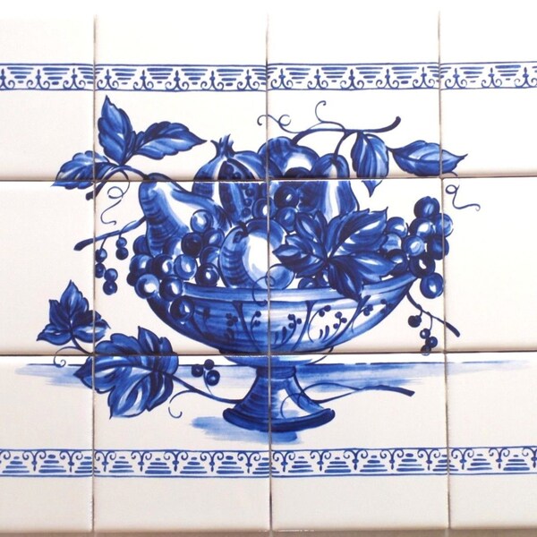 Ceramic Blue Fruit Ceramic Tile Mural 12pc 17" x 12.75" Kiln Fired Back Splash Delft Design