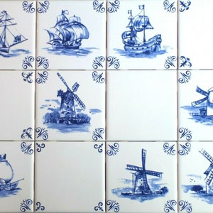 Light Blue Nautical Delft Design Ship Windmill Set of 8 of 4.25" Ceramic Tiles 