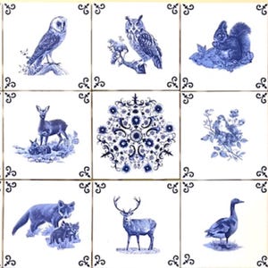 Ceramic Woodland Forest Creatures Delft Design set of 15 Ceramic Tile Blue 4.25" x 4.25 Kiln fired