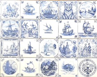 28 Blue Assorted nautical Delft Design Tiles Kiln Fired 4.25" x 4.25" Décor As Shown