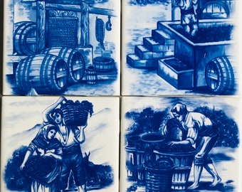 Ceramic Blue & White Delft Design Grape Farmers and Wine Maker Tiles 4.25" x 4.25"