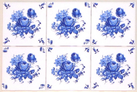 Delft Blue Design set 6 Tiles House Castle Windmill Ceramic Tile 4.25/"