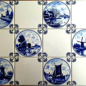 Ceramic Twelve Piece Delft Design with Floret Corners Mural Back Splash 6x6 Kiln Fired