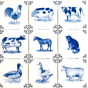 Ceramic Farm Animals Delft Design set of 9 Ceramic Tile Blue 4.25&quot; x 4.25 Kiln fired