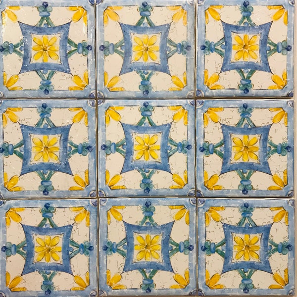 Ceramic Blue Yellow Design Vintage Reproduction Ceramic Tile 4.25" x 4.25" Kiln Fired Accent