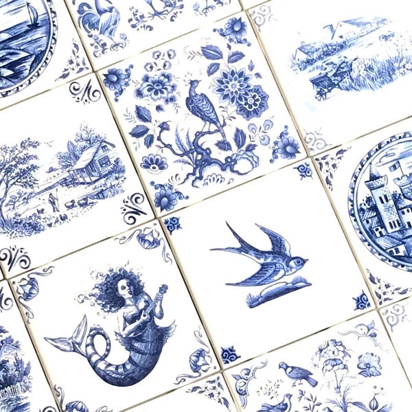 28 Blue Assorted Delft Design Tiles Kiln Fired 4.25" x 4.25" Décor As Shown