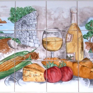 May include: A hand-painted tile mural depicting a rustic scene with a bottle of wine, a glass of wine, corn, cheese, tomatoes, and bread. The background features a stone wall, a path, and a landscape with a tree.