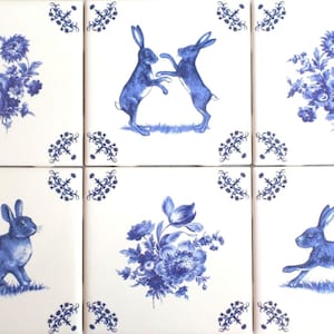 Medium Blue Ceramic Bunnies & Blue Delft Flower Design Ceramic Tile Blue 4.25&quot; x 4.25 Vintage Corners