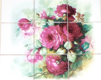 Sale Deep Pink Rose Ceramic Tile Mural Back Splash 9pcs 12.75" x 12.75" Kiln Fired Décor