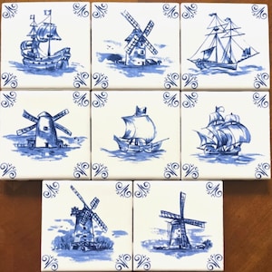 Ceramic Blue Nautical Delft Design Ship Windmill Set of 8 of 4.25" Kiln Fired Ceramic Tiles