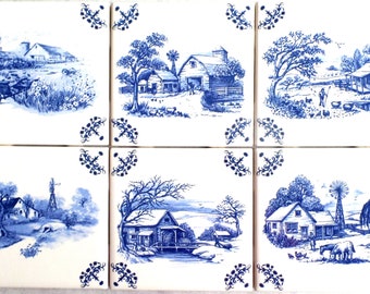 Ceramic Farm Country Scenes Delft Design 6 Azulejos de cerámica azul 4.25" x 4.25 Horno cocido