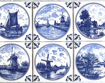 Ceramic #2 Nautical Blue Delft Kiln Fired Ceramic Tile Back Splash Set of 6 4.25" x 4.25" Décor Sienna Rose