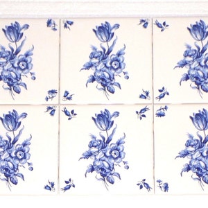 Ceramic Delft Design Ceramic Tiles Blue Set of 6 /4.25" Flower with Corners Kiln Fired Decor #2