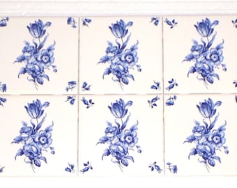 Delft Design Ceramic Tiles Blue Set of 6 /4.25" Flower with Corners Kiln Fired Decor #2