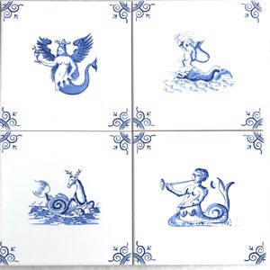 Ceramic  Mythology Sea Creatures Blue Delft Design Kiln Fired Ceramic Tiles 4 st 6x6 tiles Custom #3