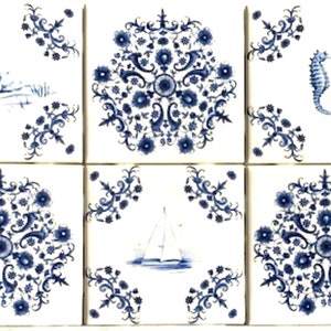 Ceramic Delft Design Ceramic Tiles Blue Set of 6 /4.25" Flower with Corners Kiln Fired Decor #2