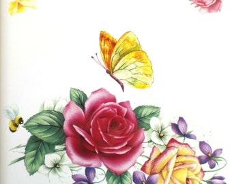 Ceramic Yellow Butterfly and Rose Ceramic Tile Kiln fired 4.25" x 4.25" Backsplash Decor